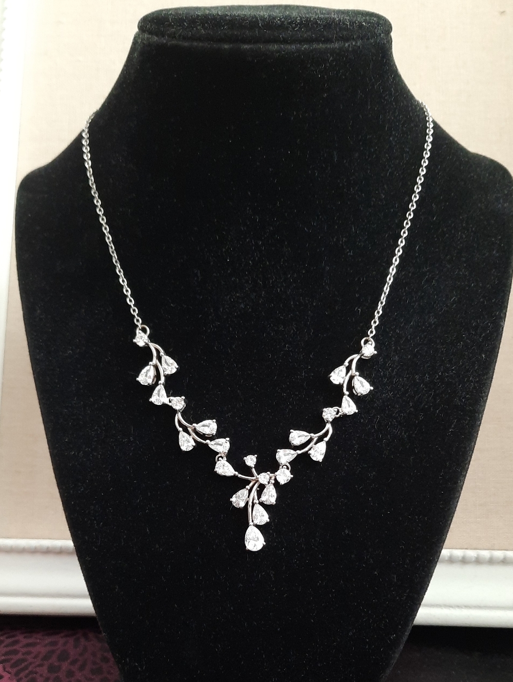 Silver-tone Leaf Crystal Drop Necklace